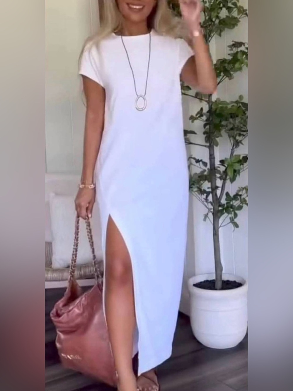 ZARA White t-shirt midi cotton dress with slit